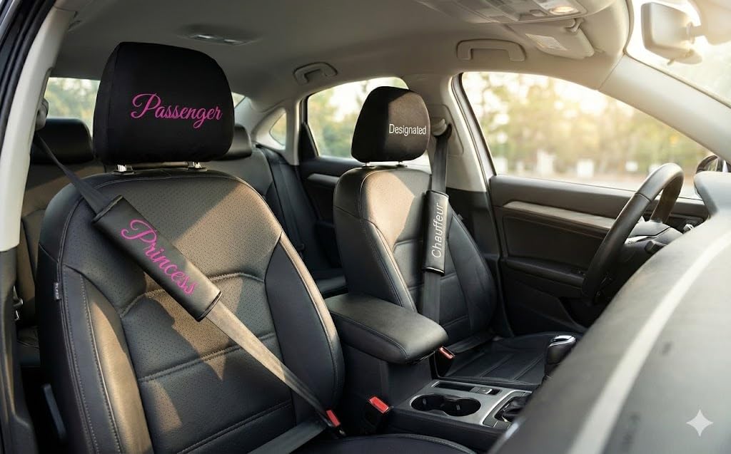 Personalized Headrest Covers & Seat Belt Pads, 4-Piece Set