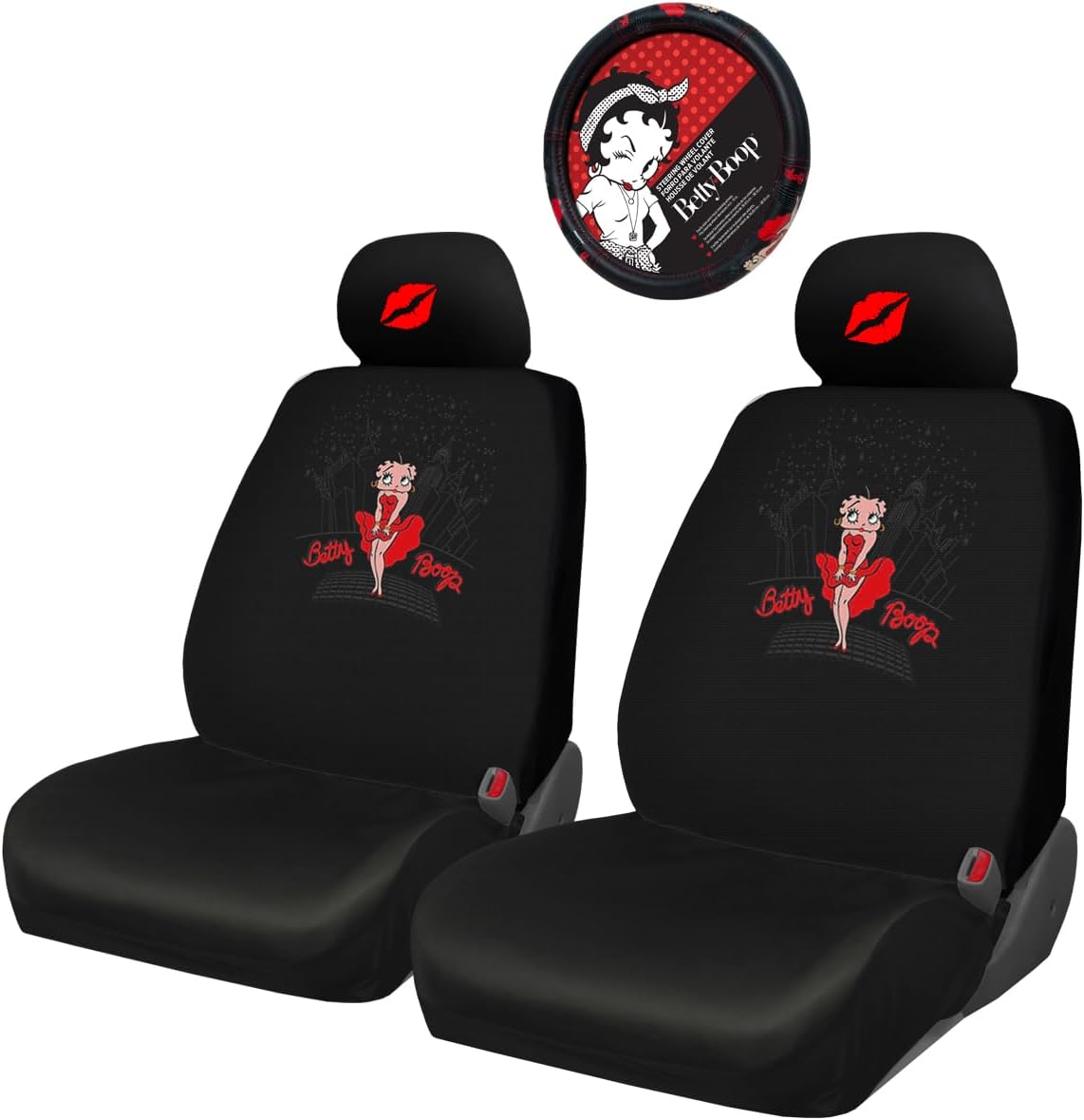 New Betty Boop Timeless Car Seat Covers | Low Back Front Seat Covers & Steering Wheel Cover | Embroidered Red Lip Design & Headrest Covers | Perfect Accessory for Stylish Vehicle Makeover - Yupbizauto