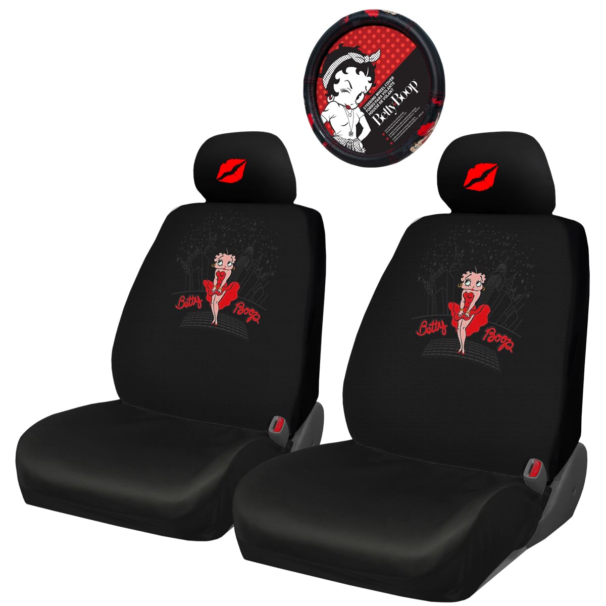 New Betty Boop Timeless Car Seat Covers | Low Back Front Seat Covers & Steering Wheel Cover | Embroidered Red Lip Design & Headrest Covers | Perfect Accessory for Stylish Vehicle Makeover