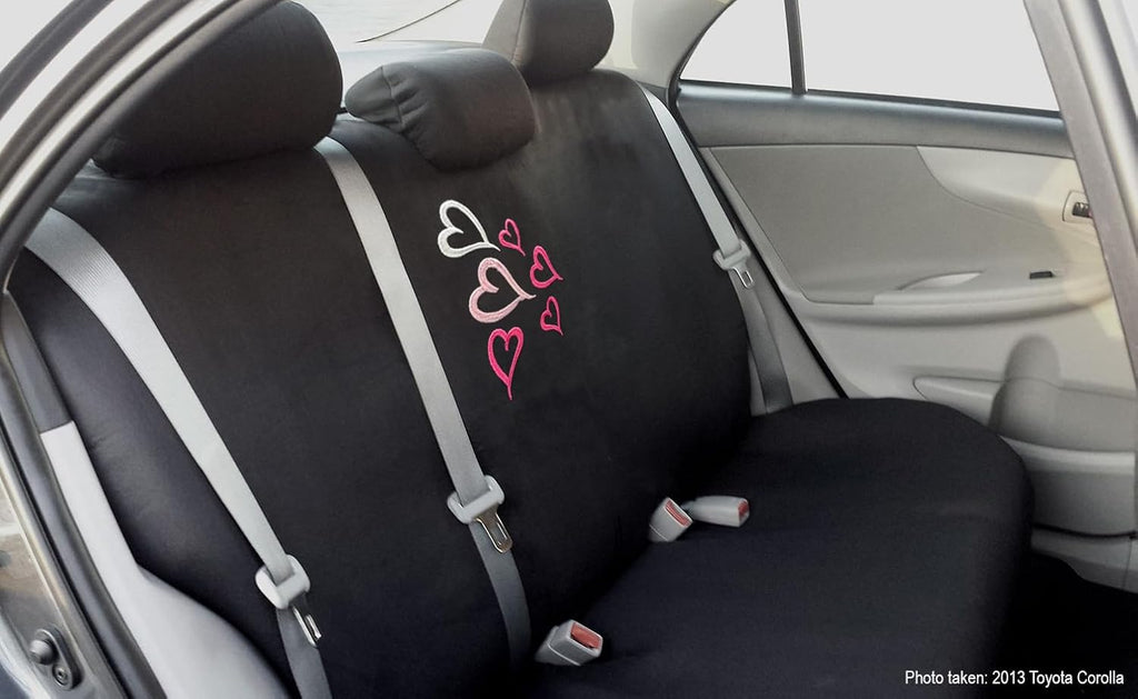 Universal Fit Car Seat Covers - Embroidered Love Multi Hearts Design, Premium Black Cloth Fabric, Front & Rear Split Bench Covers | Cute Stylish Car Accessories for Women