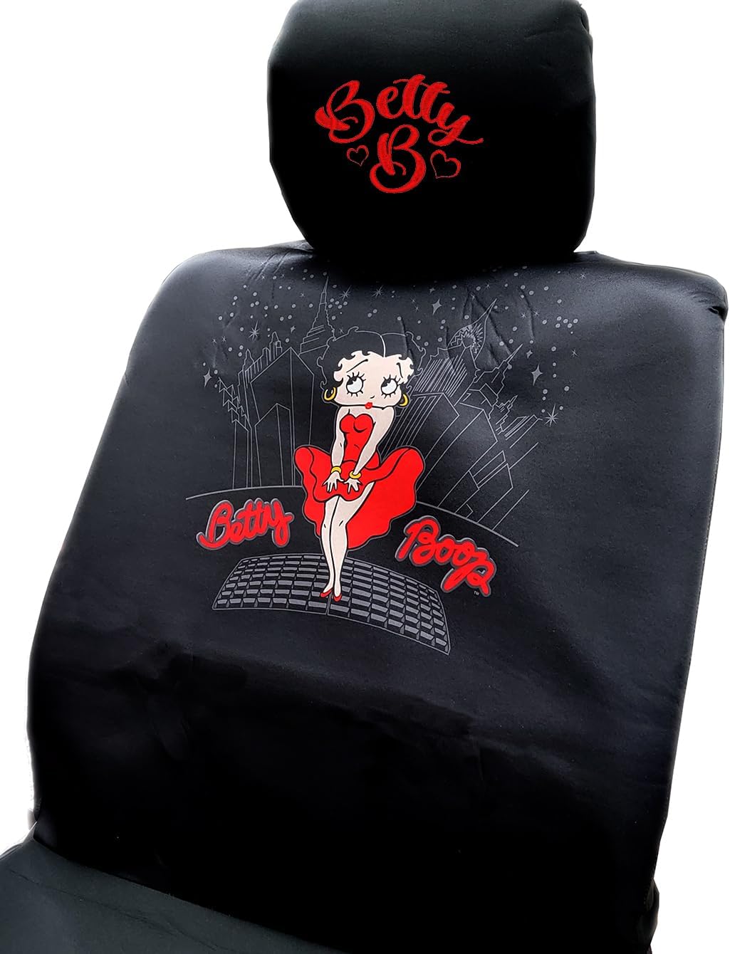 New Betty Boop Skyline Design Car Accessories Set New Seat Covers, Front and Rear Rubber Mats, Steering Wheel Cover Embroidered Headrest Covers Stylish Protection for Cars SUVs Trucks - Yupbizauto