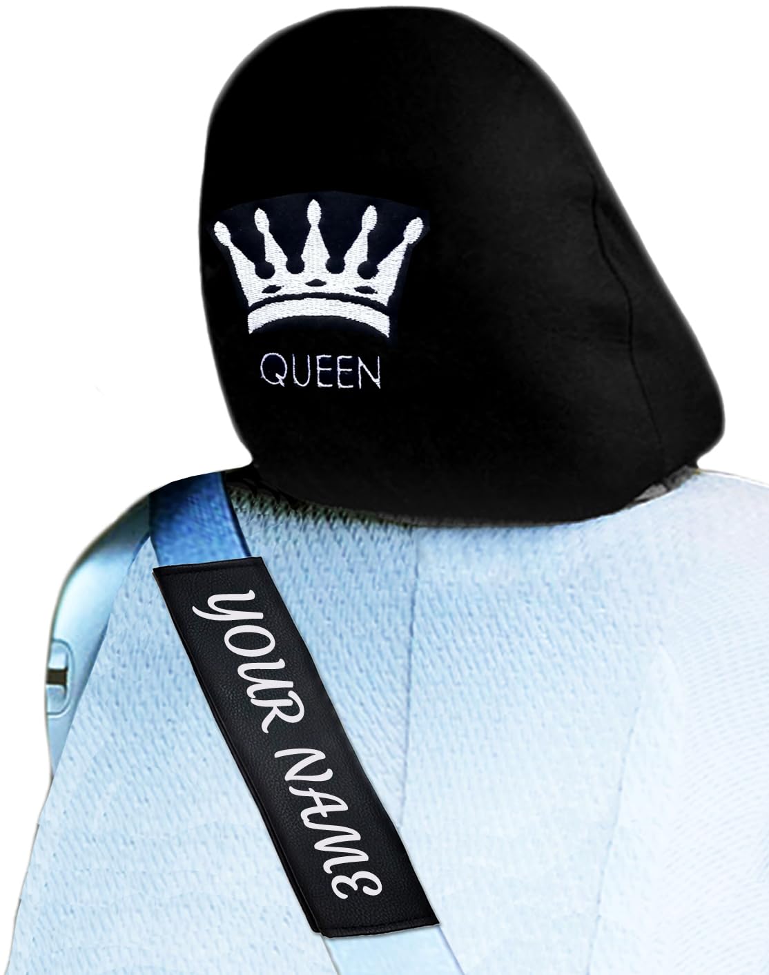 Queen Crown Headrest Cover & Personalized Seat Belt Pad Set