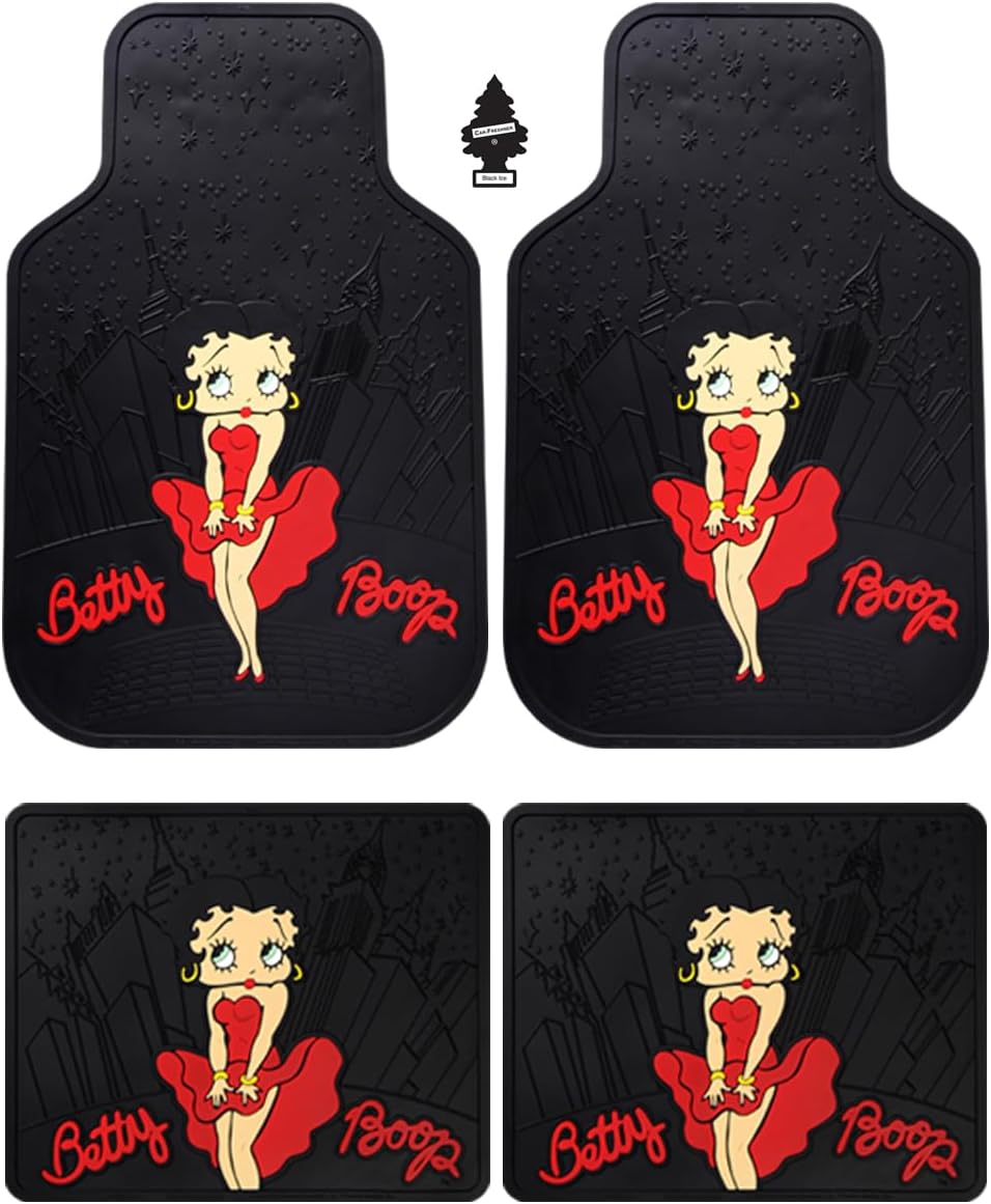 New Betty Boop Skyline Design Car Accessories Set New Seat Covers, Front and Rear Rubber Mats, Steering Wheel Cover Embroidered Headrest Covers Stylish Protection for Cars SUVs Trucks - Yupbizauto