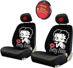 New Betty Boop Timeless Front Low Back Car Seat Covers & Steering Wheel Cover Embroidery Kiss Headrest Cover (Everything) - Yupbizauto