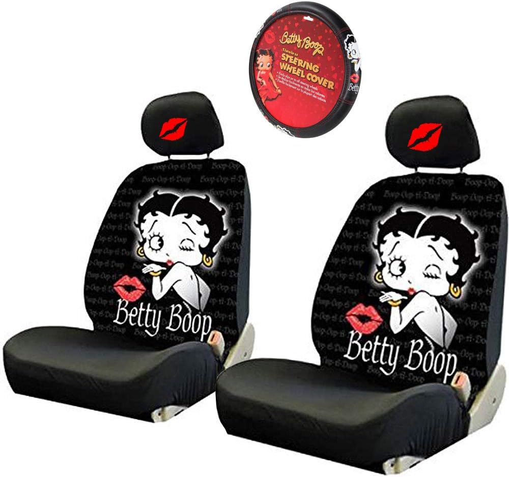 New Betty Boop Timeless Front Low Back Car Seat Covers & Steering Wheel Cover Embroidery Kiss Headrest Cover (Everything) - Yupbizauto
