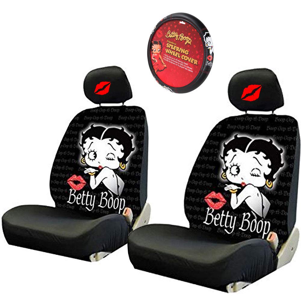 New Betty Boop Timeless Front Low Back Car Seat Covers & Steering Wheel Cover Embroidery Kiss Headrest Cover (Everything) - Yupbizauto