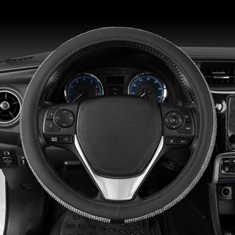 Bling Silver Glitter Diamond Leather Steering Wheel Cover with 9 Rows Crystal Rhinestones, Fits Wheels 14.5-15 inch for Women/Girls