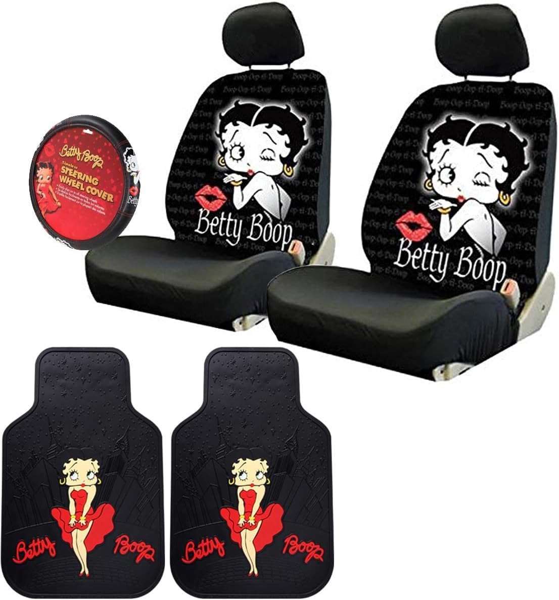New Platicolors Betty Boop Car Accessories Timeless Seat Covers, Front Rubber Mats, Steering Wheel Cover Stylish Protection for Cars SUVs Trucks & Vans - Yupbizauto
