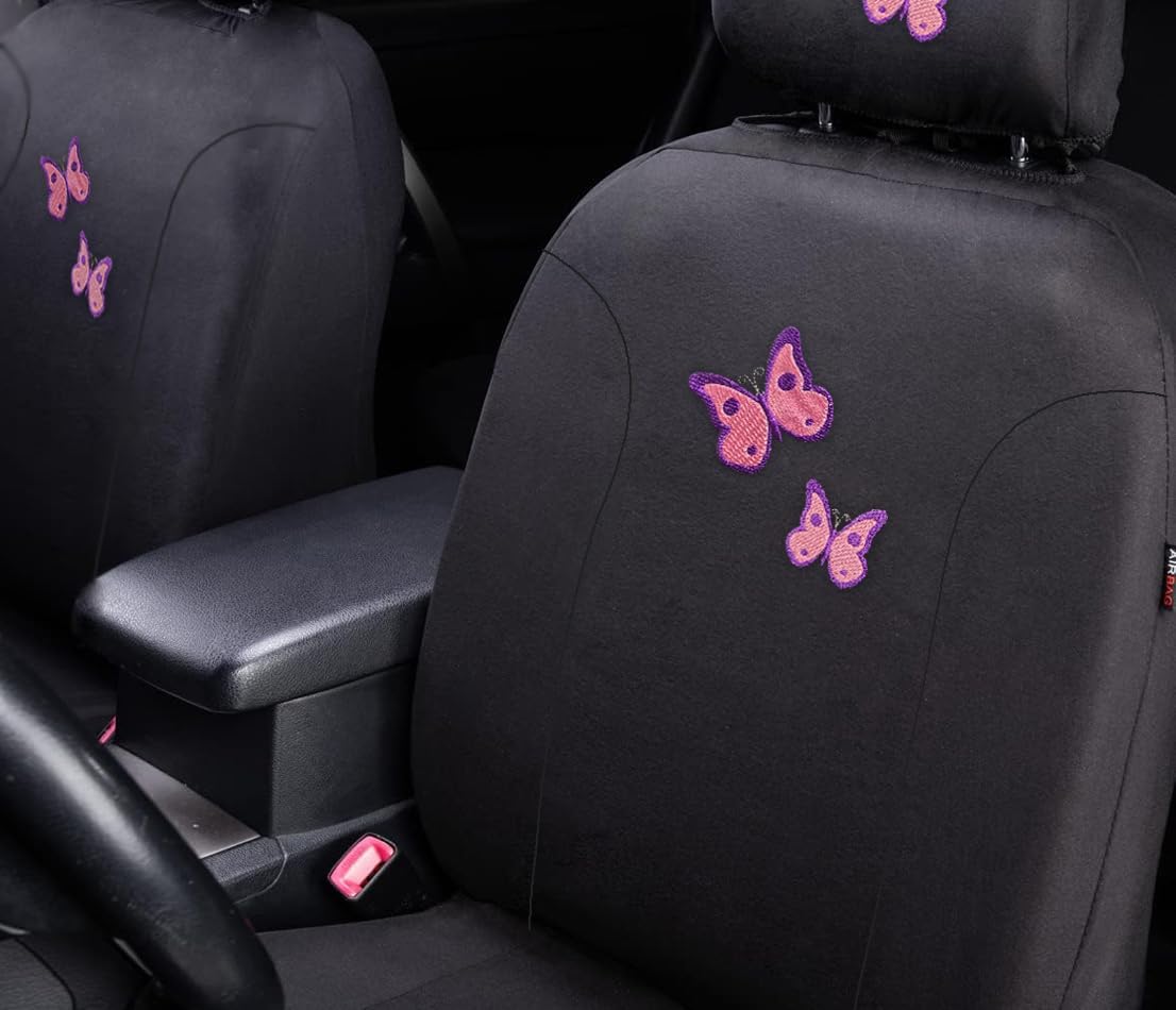 Universal Fit Car Seat Covers - Premium Black Flat Cloth with Stylish Cute Embroidery Butterfly Design, Front & Rear Set for 50/50 & 60/40 Split Rear Seats (Durable Protective Seat Cover) - Yupbizauto