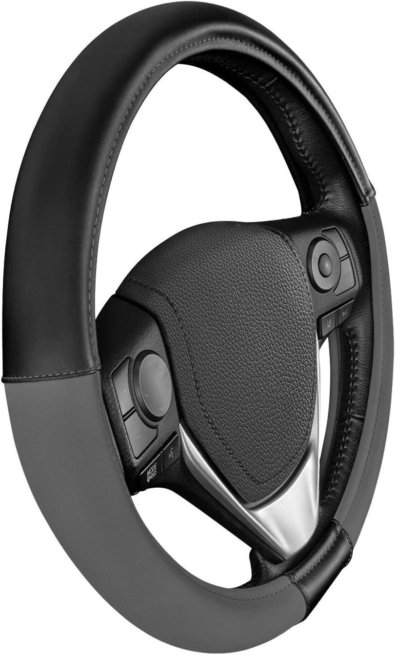 Caterpillar Two Tone Black and Grey Ergonomic Soft Leather Grip Car Steering Wheel Cover – Strong, Durable and Comfortable Universal Size 14.5-15.5 Inch Bundle Air Freshener 2221