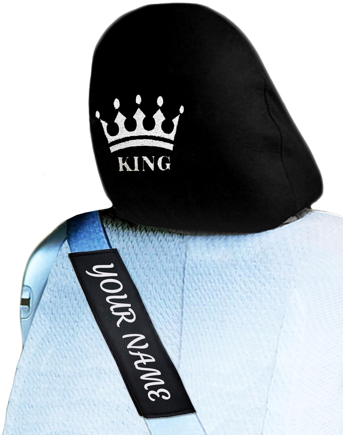 King Crown Headrest Cover & Personalized Seat Belt Pad Set