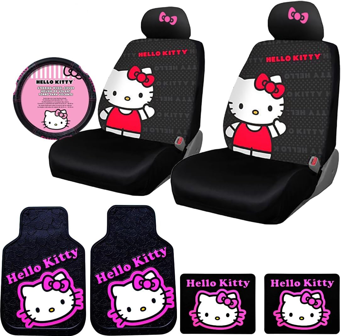Hello Kitty Car Accessories Seat Cover with 4 Rubber Mats, Steering Wheel Cover and Pink Bow Headrest Cover Bundle Set - Yupbizauto