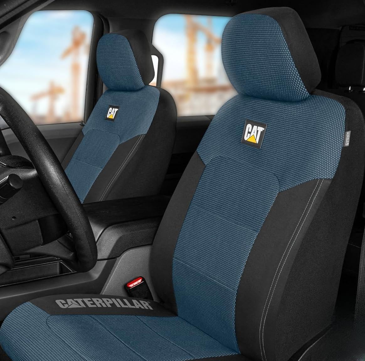 Caterpillar Car Truck Seat Covers for Front Seats Set - Black and Blue Automotive Seat Covers Bundle with Air Freshener - Yupbizauto