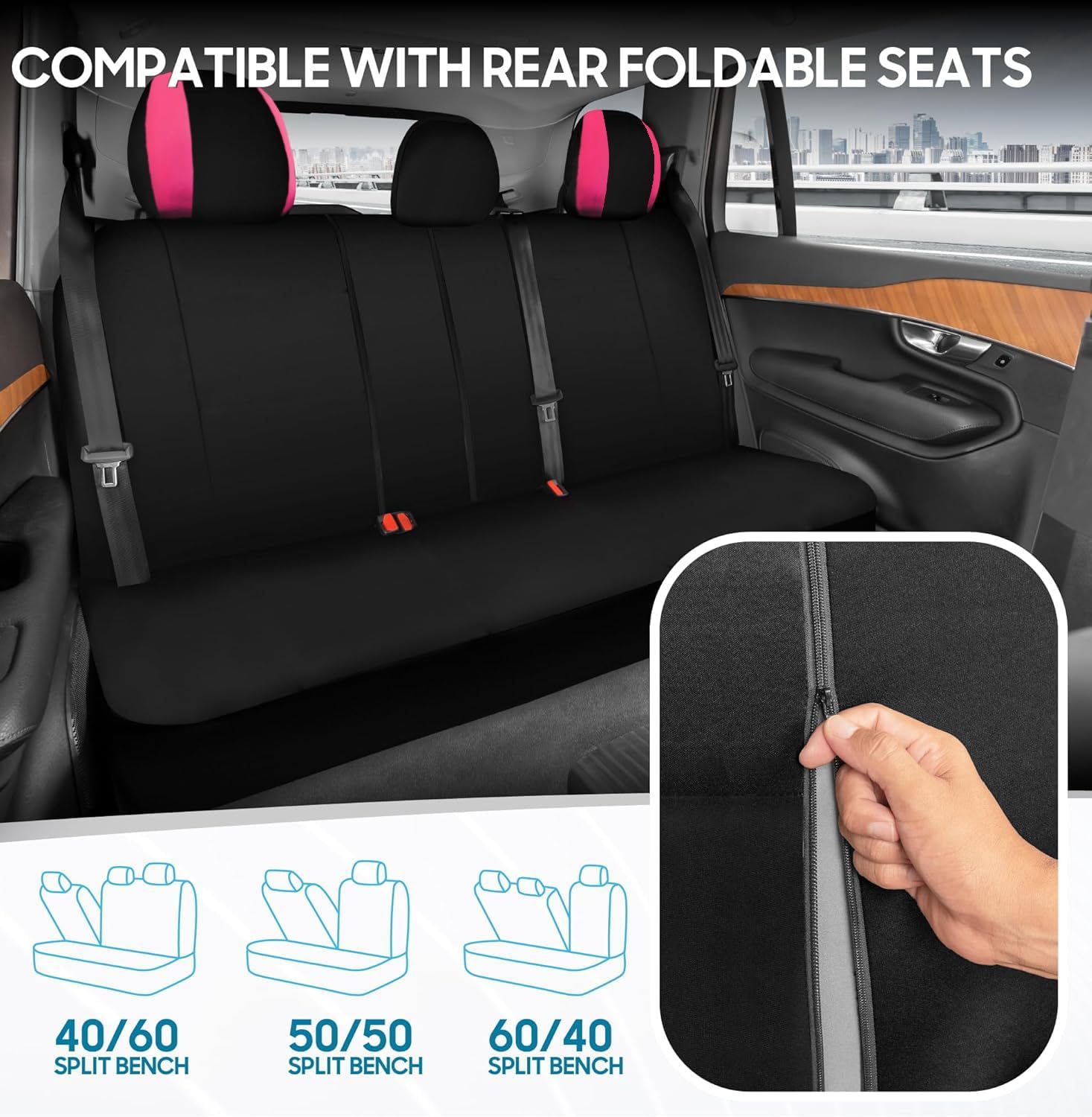 Universal Fit Car Seat Covers - Premium Black Flat Cloth with Stylish Cute Embroidery Animal Dog Cat Pink Paws Design Full Set for Women Support 50/50 & 60/40 Split Rear Seats - Yupbizauto