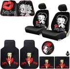 Platicolors Betty Boop Timeless Design Car Accessories Bundle Set New Seat Covers, Front and Rear Rubber Mats, Steering Wheel Cover Sun Shade Air FreshenerProtection for Cars SUVs Trucks & Vans - Yupbizauto