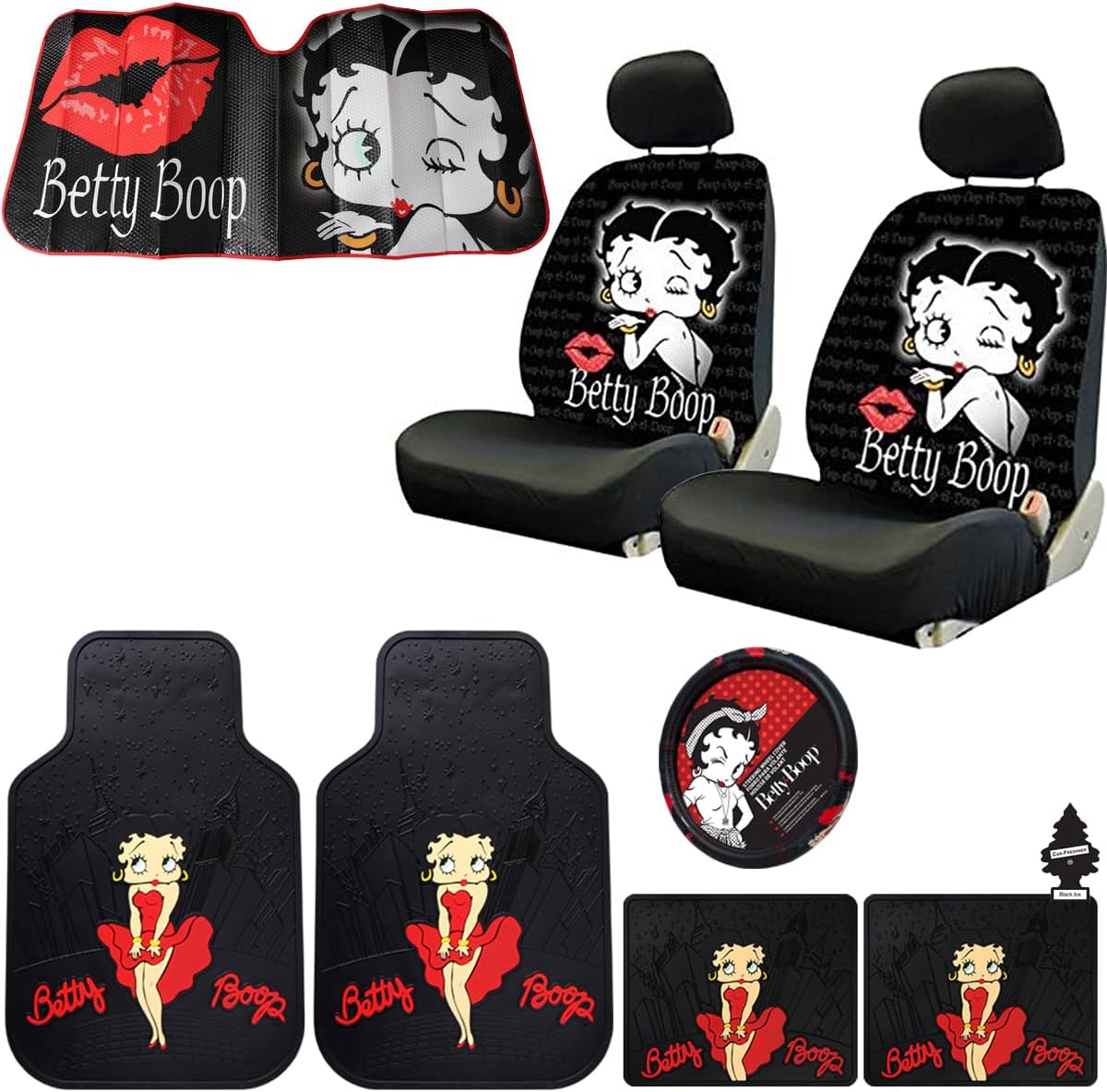 Platicolors Betty Boop Timeless Design Car Accessories Bundle Set New Seat Covers, Front and Rear Rubber Mats, Steering Wheel Cover Sun Shade Air FreshenerProtection for Cars SUVs Trucks & Vans - Yupbizauto