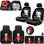 Platicolors Betty Boop Timeless Design Car Accessories Bundle Set New Seat Covers, Front and Rear Rubber Mats, Steering Wheel Cover Sun Shade Air FreshenerProtection for Cars SUVs Trucks & Vans - Yupbizauto