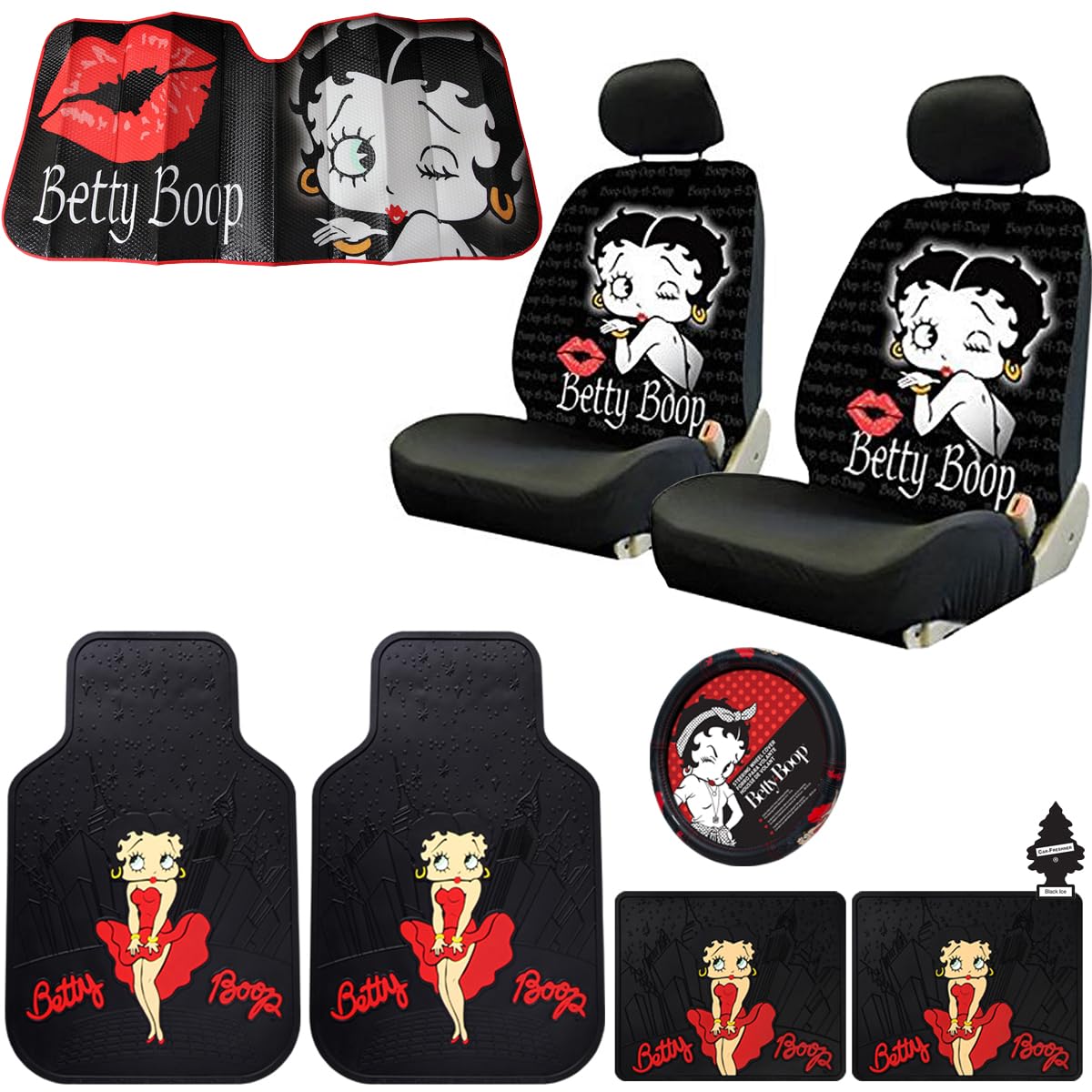 Platicolors Betty Boop Timeless Design Car Accessories Bundle Set New Seat Covers, Front and Rear Rubber Mats, Steering Wheel Cover Sun Shade Air FreshenerProtection for Cars SUVs Trucks & Vans - Yupbizauto