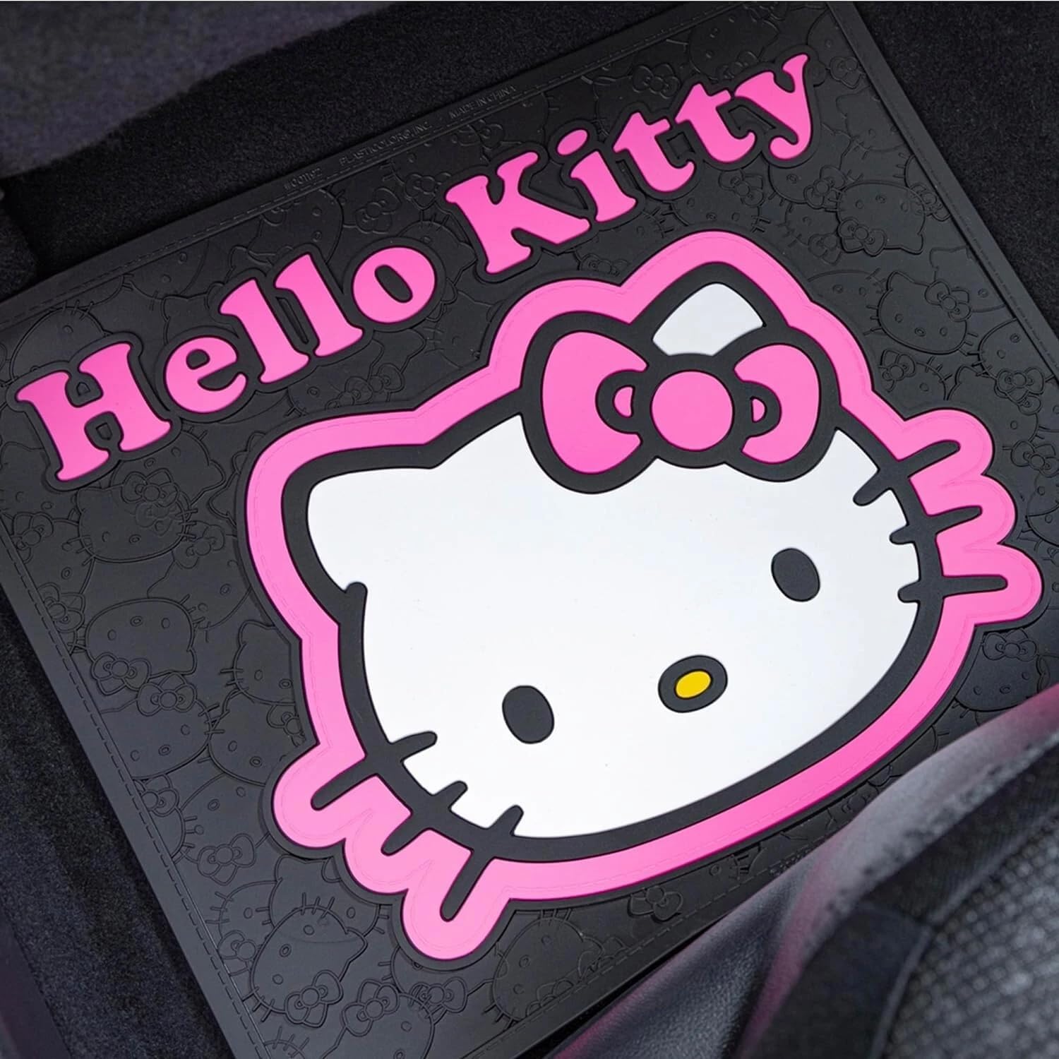 Hello Kitty Core Design Collage Design Sanrio Front & Rear Car Truck SUV Seat Rubber Floor Mats and Steering Wheel Cover Bundle Set -6 PC - Yupbizauto