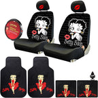 New Betty Boop Timeless Design Car Accessories Set New Seat Covers, Front and Rear Rubber Mats, Steering Wheel Cover Hot Lip Headrest Covers Air Freshener Stylish Protection for Cars SUVs Trucks - Yupbizauto