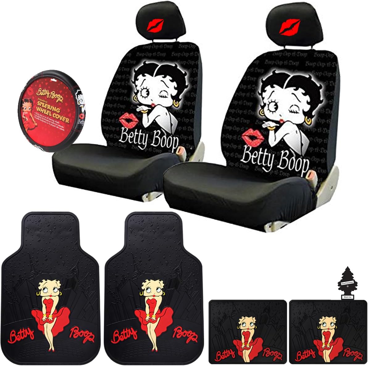 New Betty Boop Timeless Design Car Accessories Set New Seat Covers, Front and Rear Rubber Mats, Steering Wheel Cover Hot Lip Headrest Covers Air Freshener Stylish Protection for Cars SUVs Trucks - Yupbizauto