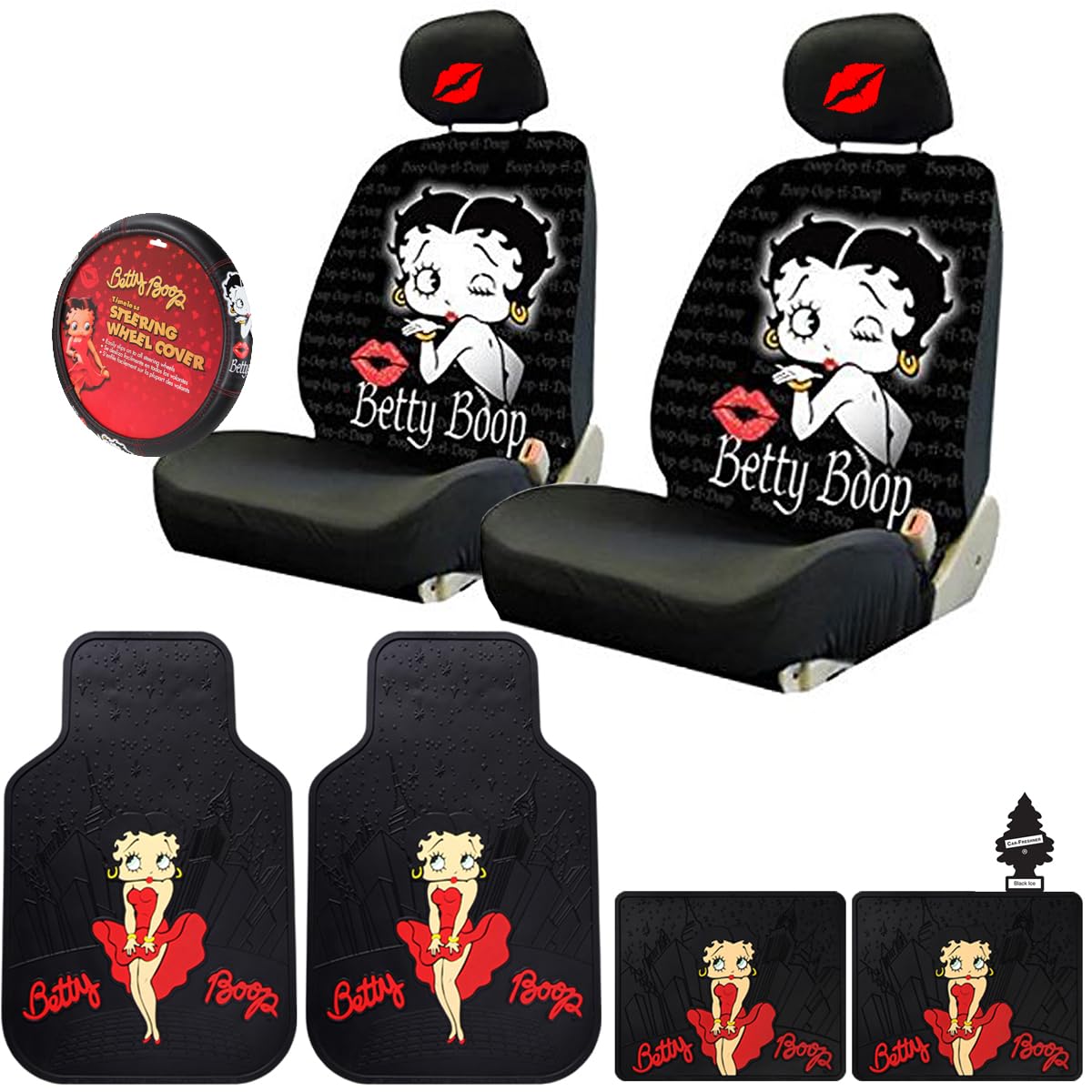 New Betty Boop Timeless Design Car Accessories Set New Seat Covers, Front and Rear Rubber Mats, Steering Wheel Cover Hot Lip Headrest Covers Air Freshener Stylish Protection for Cars SUVs Trucks - Yupbizauto