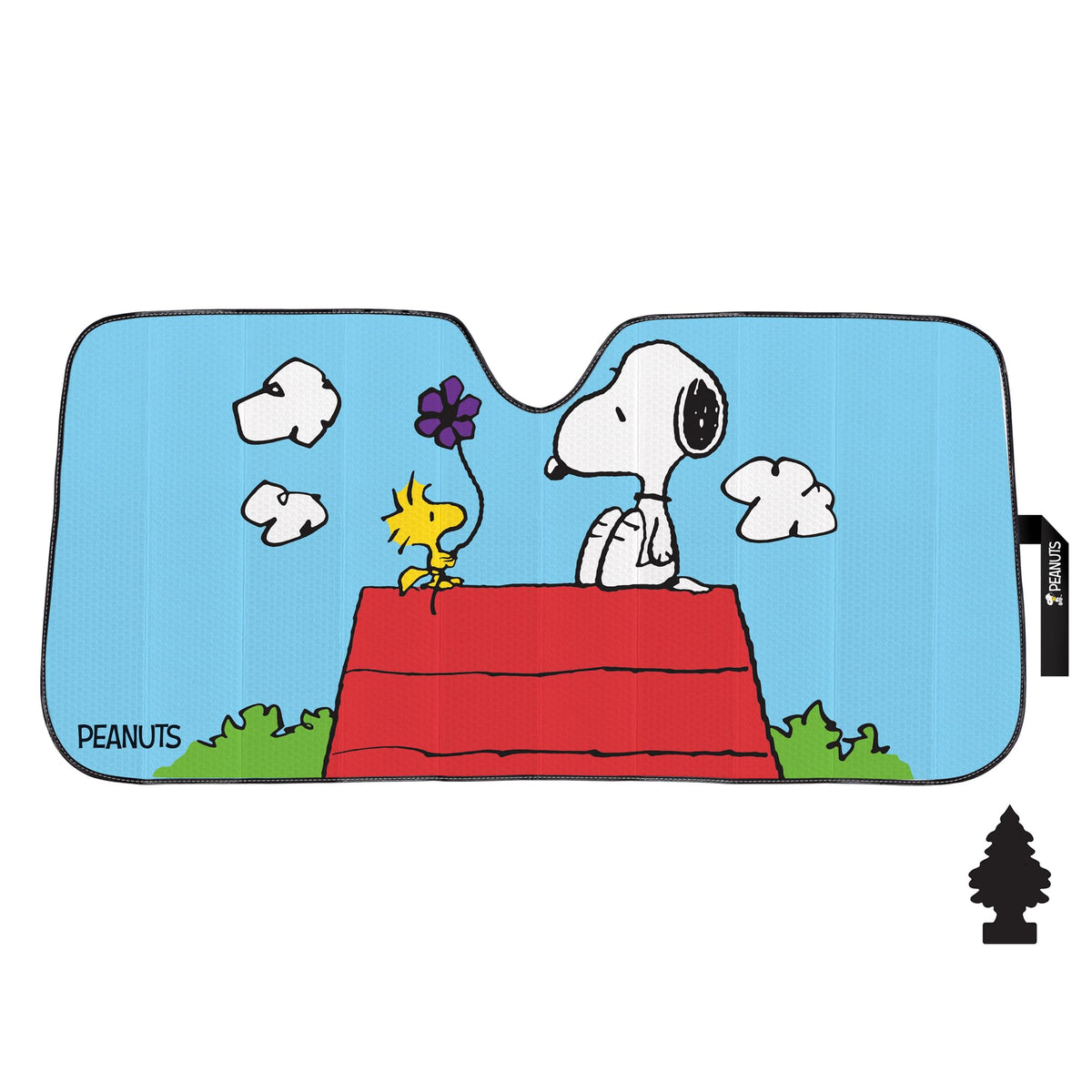 Peanuts Snoopy & Woodstock Auto Sunshade with Little Tree Air Freshener – Universal Fit Windshield Protector for Cars, Trucks & SUVs – Keeps Vehicle Cool & Fresh - Yupbizauto