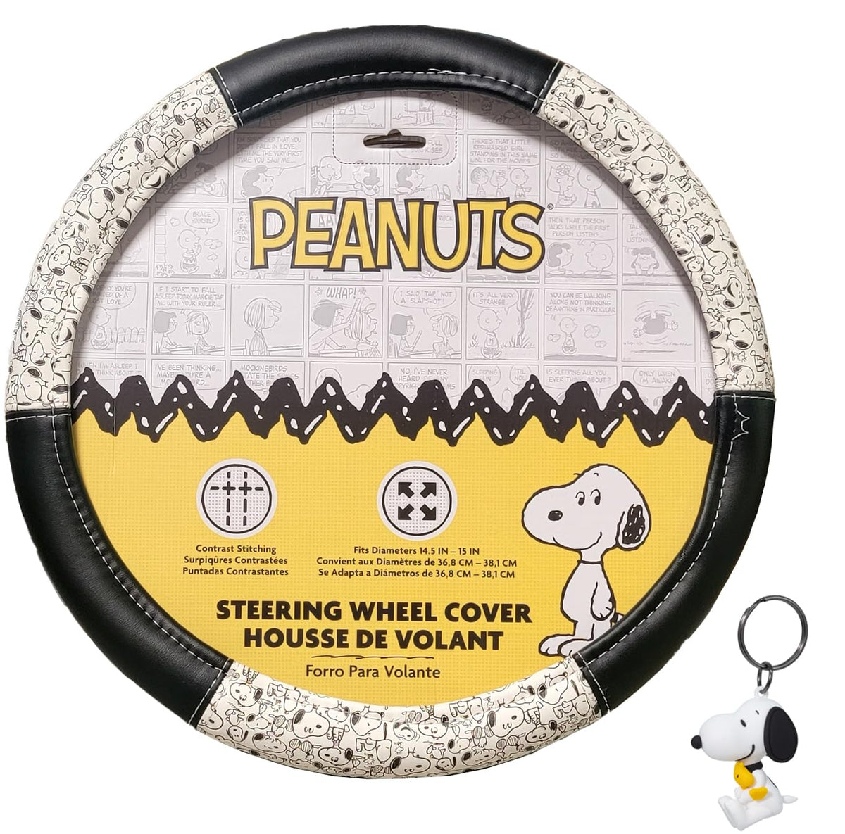 Snoopy Steering Wheel Cover Bundle with Keychain – Plasticolor Peanuts Snoopy Expression Design, Universal Fit 14.5–15 Inch, Car Truck SUV Interior Accessories - Yupbizauto