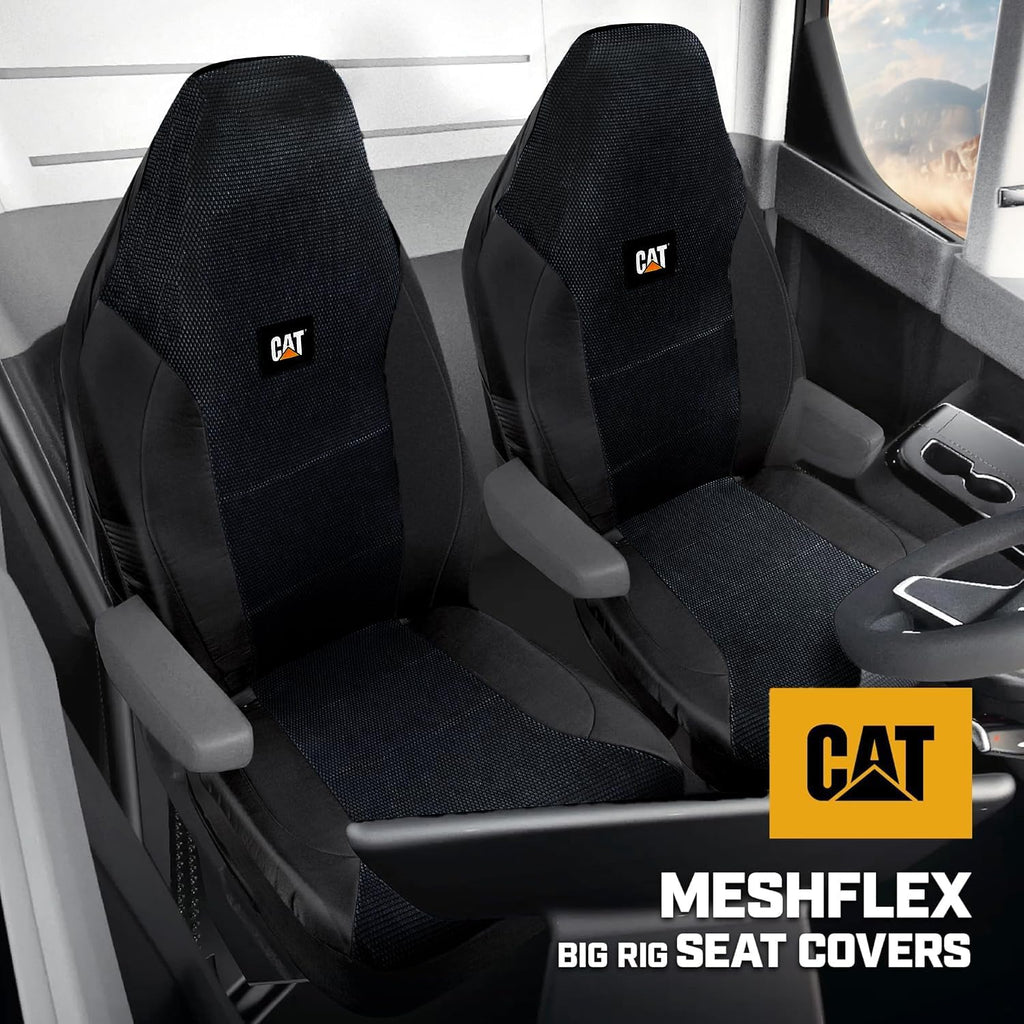 Two Caterpillar black MeshFlex big-rig seat covers installed