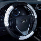 Yupbizauto Peanuts Snoopy Expression Design Steering Wheel Cover, Black and White, Leather Material, 14.5-15 Inch Diameter, Universal Fit with Contrast Stitching, Bundled with Air Freshener - Yupbizauto