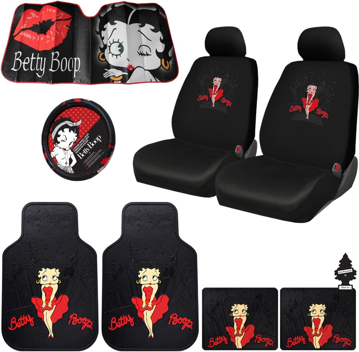 Platicolors Betty Boop Skyline Design Car Accessories Bundle Set New Seat Covers, Front and Rear Rubber Mats, Steering Wheel Cover Sun Shade Air FreshenerProtection for Cars SUVs Trucks & Vans - Yupbizauto