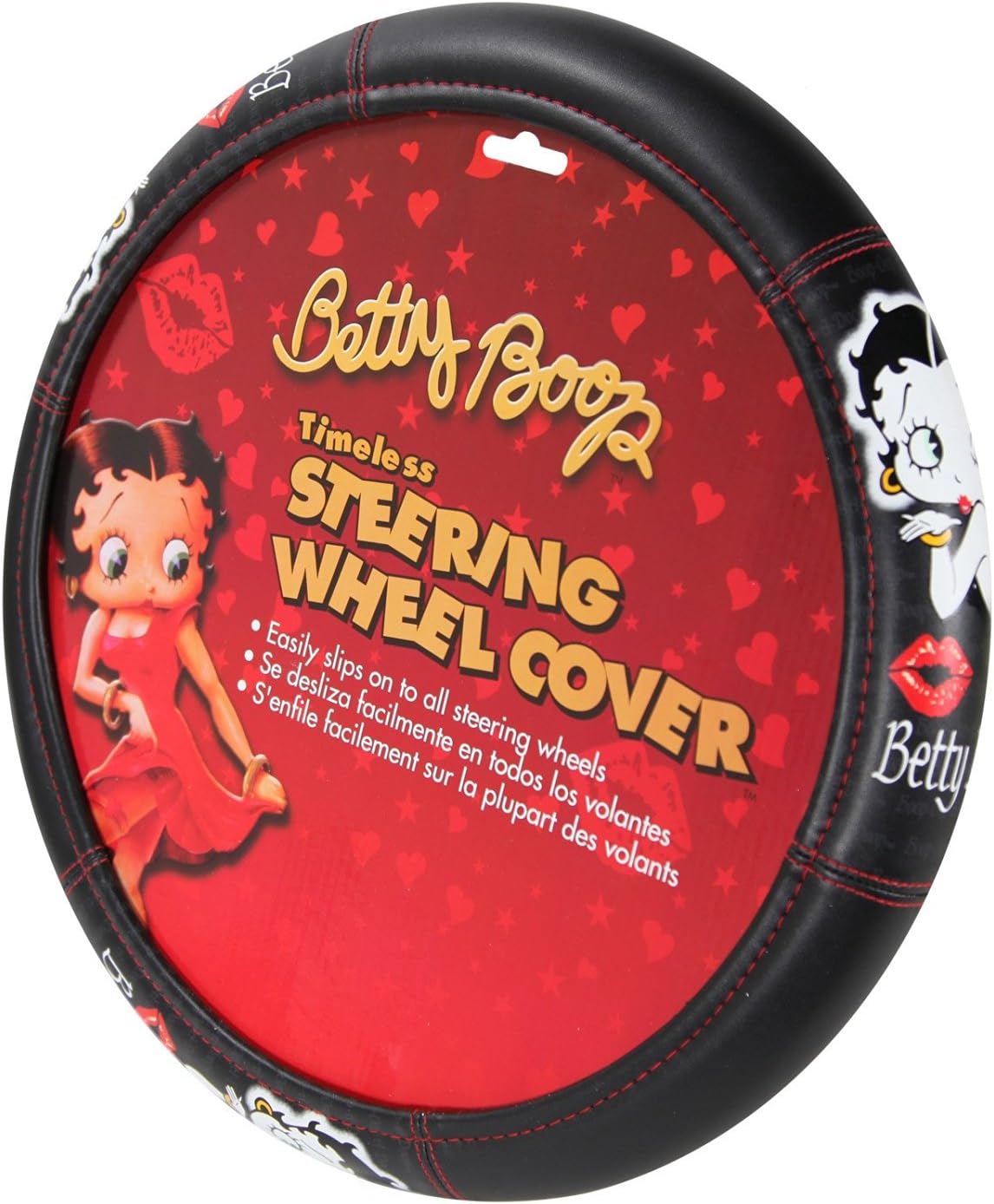 New Betty Boop Timeless Front Low Back Car Seat Covers & Steering Wheel Cover Embroidery Kiss Headrest Cover (Steering Wheel) - Yupbizauto