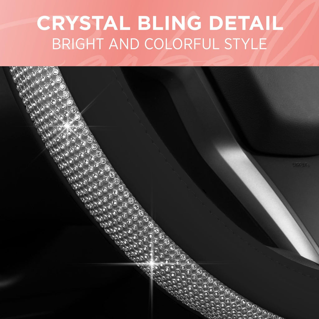 Bling Silver Glitter Diamond Leather Steering Wheel Cover with 9 Rows Crystal Rhinestones, Fits Wheels 14.5-15 inch for Women/Girls
