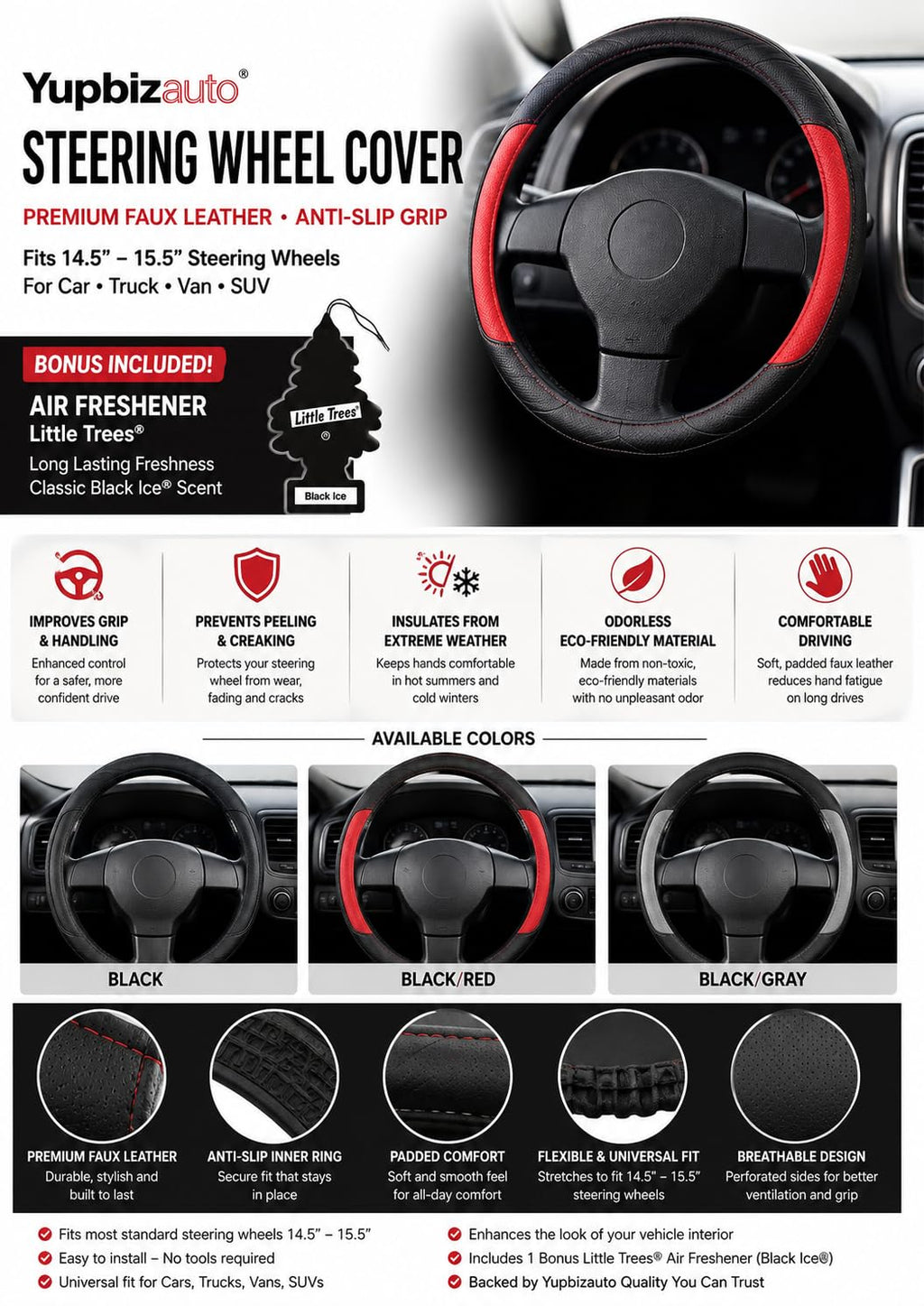 Yupbizauto Faux Leather Steering Wheel Cover with Air Freshener Set