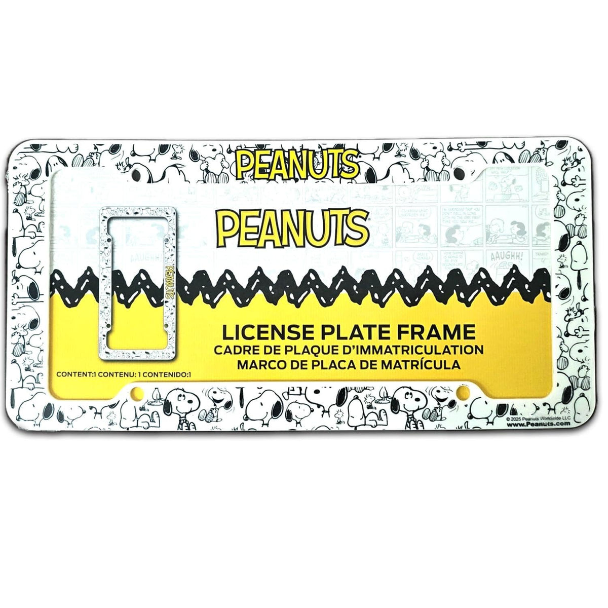 Snoopy Expression License Plate Frame Bundle with Little Tree Air Freshener – Plasticolor Peanuts Snoopy Design, Universal Fit Standard Car Plate Frame, Plastic - Yupbizauto