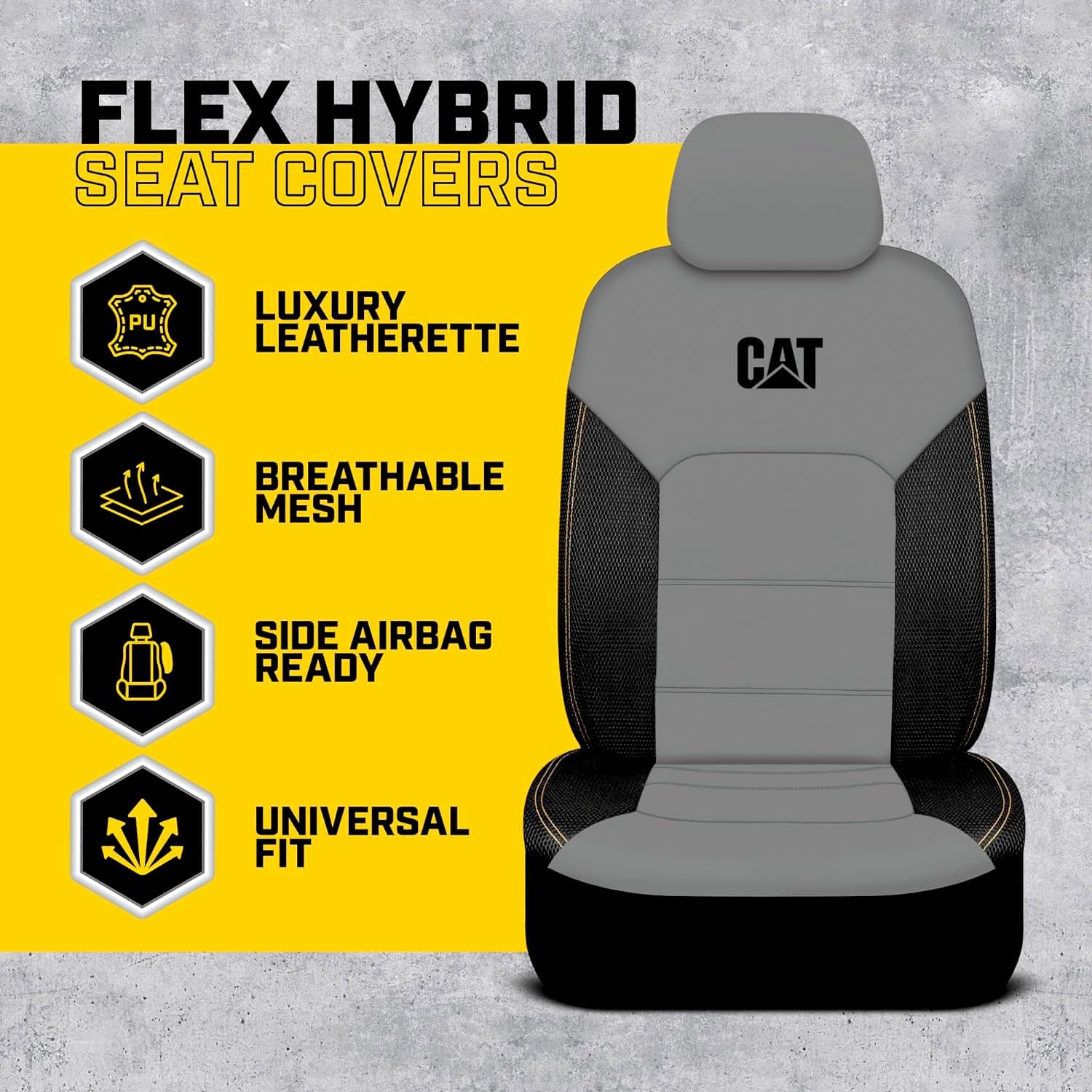 Caterpillar Black & Grey Faux Leather Front Seat Covers for Cars & Trucks - Durable Automotive Seat Cover Set with Bonus Air Freshener - Stylish Protection for Your Vehicle's Interior - Yupbizauto