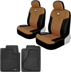 Caterpillar Front Seat Covers & Heavy-Duty Floor Mats Bundle – Black and Beige