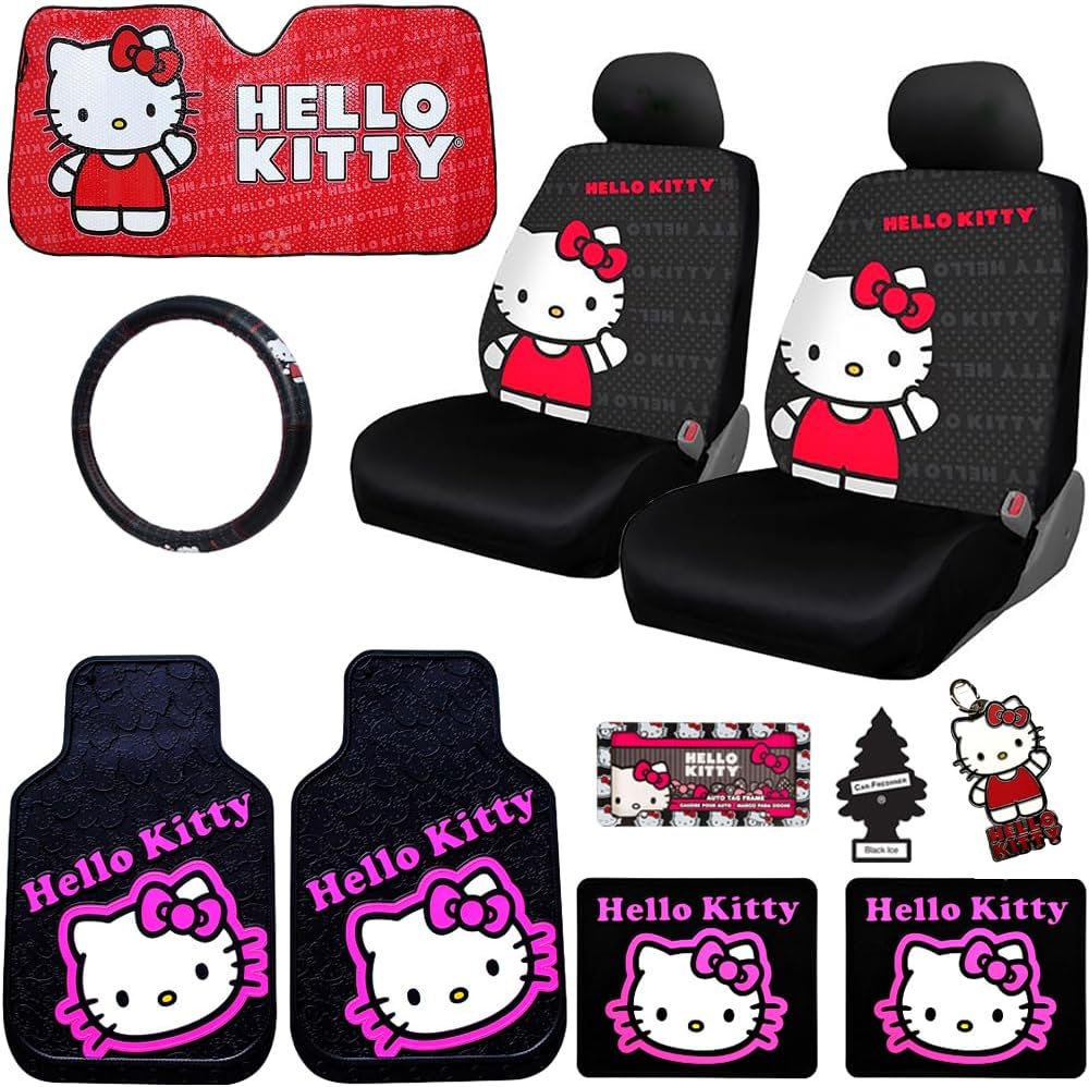 Hello Kitty Car Accessories 10PC Combo Kit - Premium Fabric Seat Covers, Floor Mats, Sunshade & License Plate Frame Set for Car, Truck, SUV | Gift Ready Bundle for Women & Girls - Yupbizauto