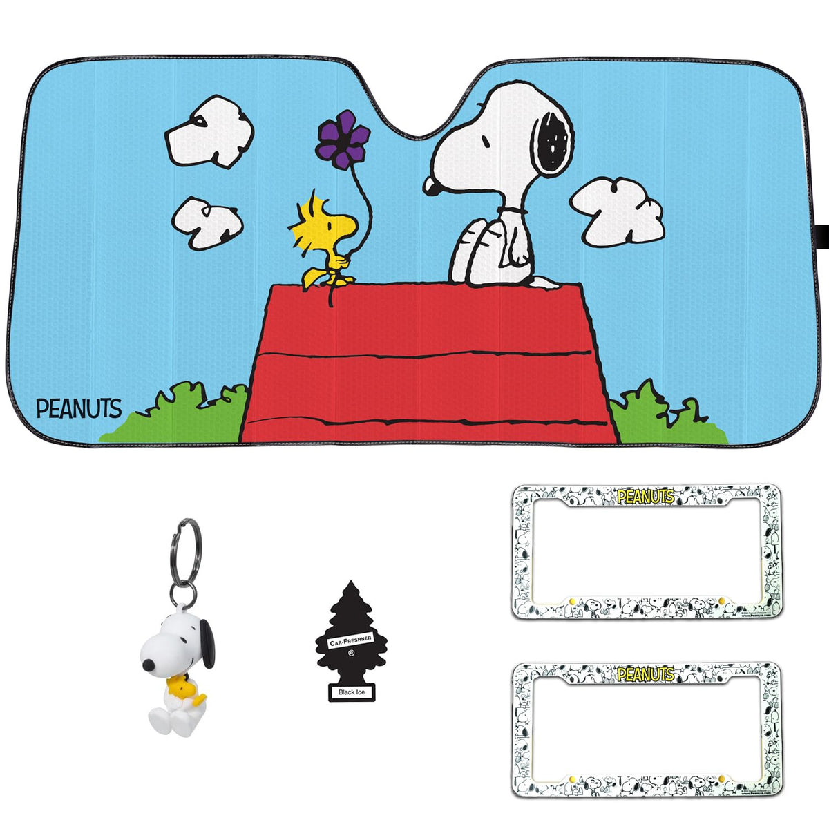 Official Peanuts Snoopy 5-Piece Car Set – Sunshade, Frames & Keychain
