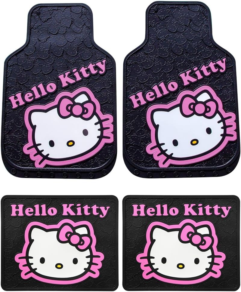 Hello Kitty Car Accessories 10PC Combo Kit - Premium Fabric Seat Covers, Floor Mats, Sunshade & License Plate Frame Set for Car, Truck, SUV | Gift Ready Bundle for Women & Girls - Yupbizauto
