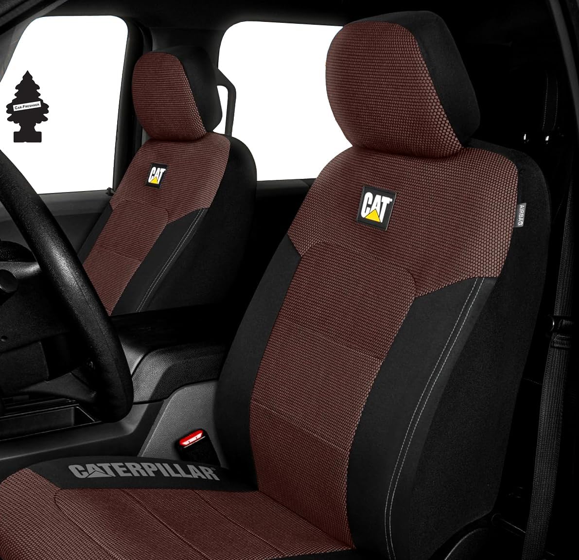 Caterpillar Car Truck Seat Covers for Front Seats Set - Black and Dark Brown Automotive Seat Covers Bundle with Air Freshener - Yupbizauto