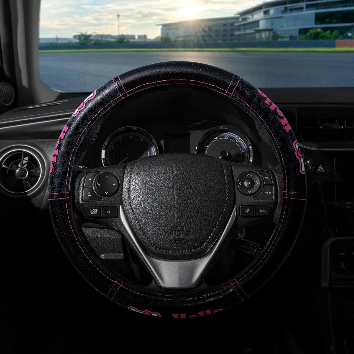 Hello Kitty Core Design Collage Design Sanrio Front & Rear Car Truck SUV Seat Rubber Floor Mats and Steering Wheel Cover Bundle Set -6 PC