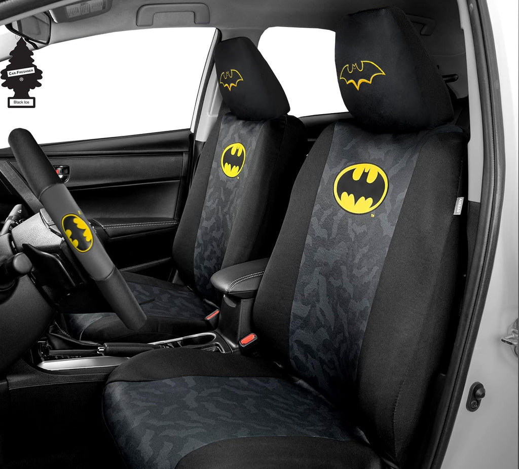 DC Comics Batman Logo Premium Car Accessories Seat Covers with Shoulder Pads and Steering Wheel Cover| Bat Headrest Covers | Air Freshener, Bundle Set