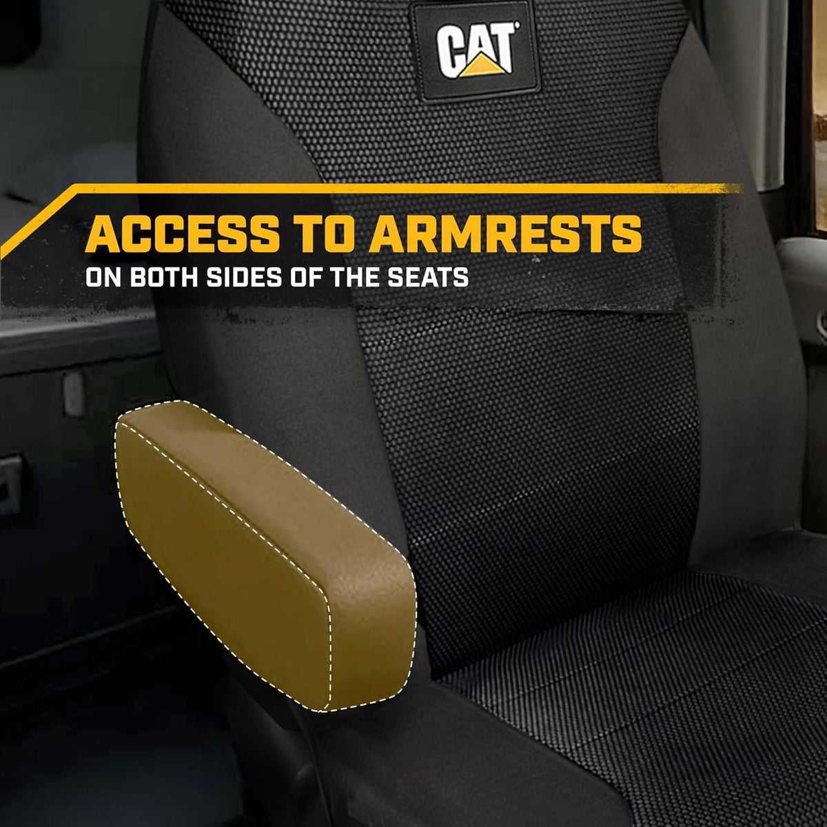 Caterpillar black mesh truck seat cover with armrest access