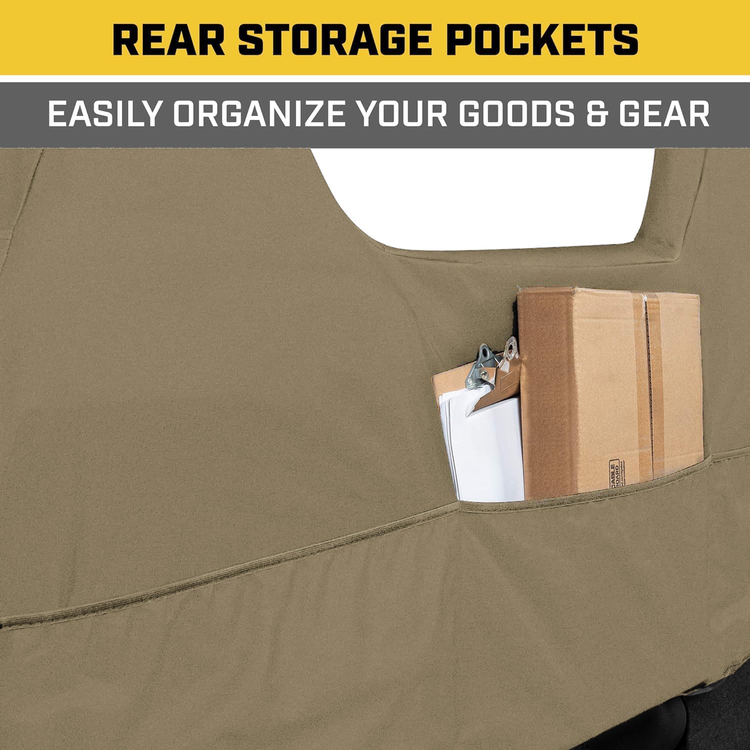 Caterpillar Custom Fit Front Beige Bench Seat Cover with Utility Pockets for Ford F250 / F350 / F450 / F550 (1999-2007) - Durable Beige Oxford Super Duty Interior Truck Seat Cover Bundle - Yupbizauto