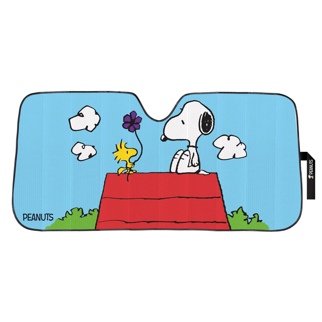 Peanuts Snoopy & Woodstock Auto Sunshade with Little Tree Air Freshener – Universal Fit Windshield Protector for Cars, Trucks & SUVs – Keeps Vehicle Cool & Fresh - Yupbizauto