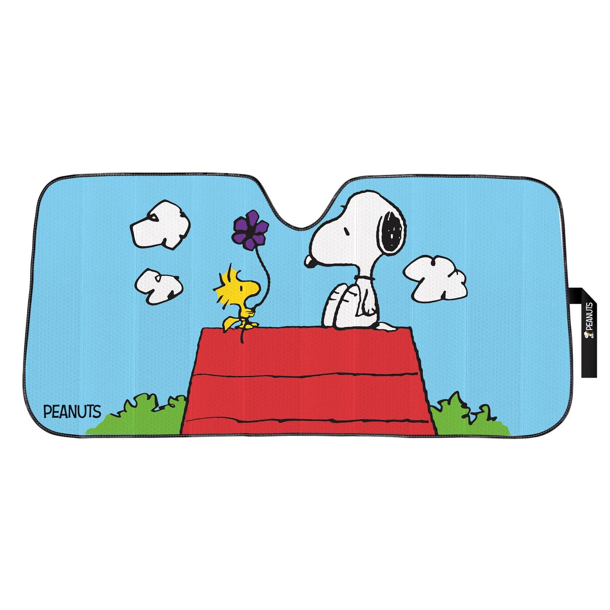 Peanuts Snoopy & Woodstock Auto Sunshade with Little Tree Air Freshener – Universal Fit Windshield Protector for Cars, Trucks & SUVs – Keeps Vehicle Cool & Fresh - Yupbizauto