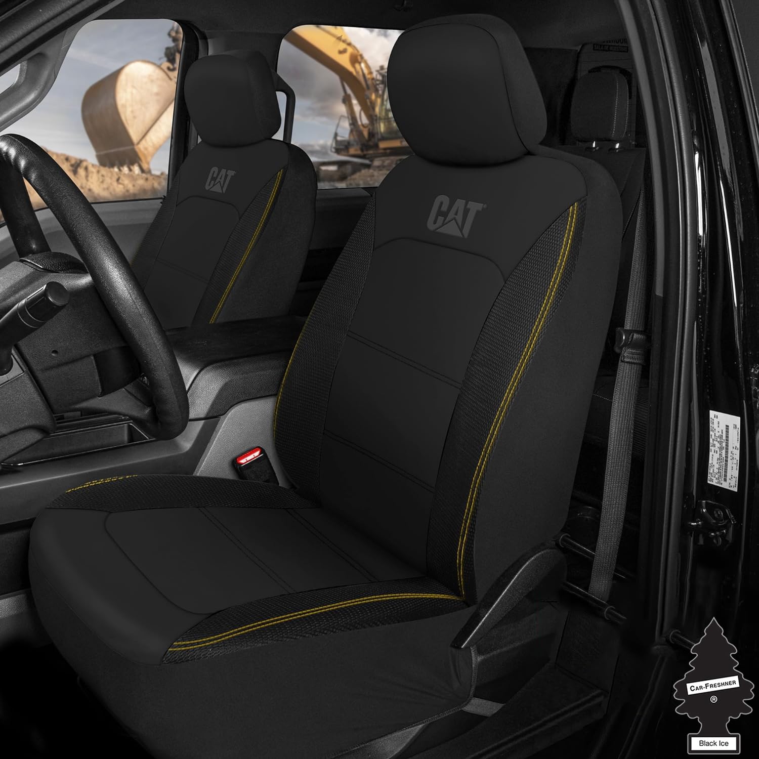 Pair of Caterpillar Black Faux Leather Front Seat Covers for Cars & Trucks - Durable Automotive Seat Cover Set with Bonus Air Freshener - Stylish Protection for Your Vehicle's Interior - Yupbizauto