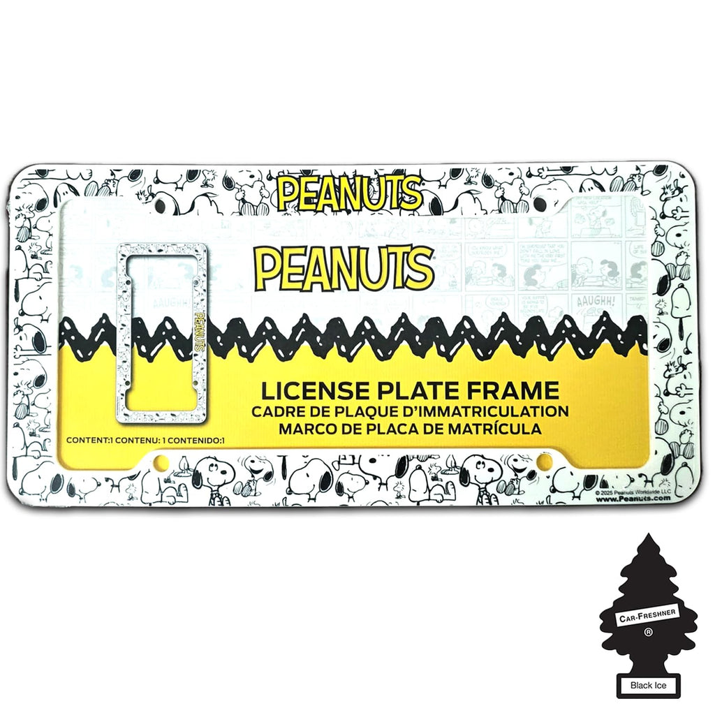 Snoopy Expression License Plate Frame Bundle with Little Tree Air Freshener – Plasticolor Peanuts Snoopy Design, Universal Fit Standard Car Plate Frame, Plastic - Yupbizauto