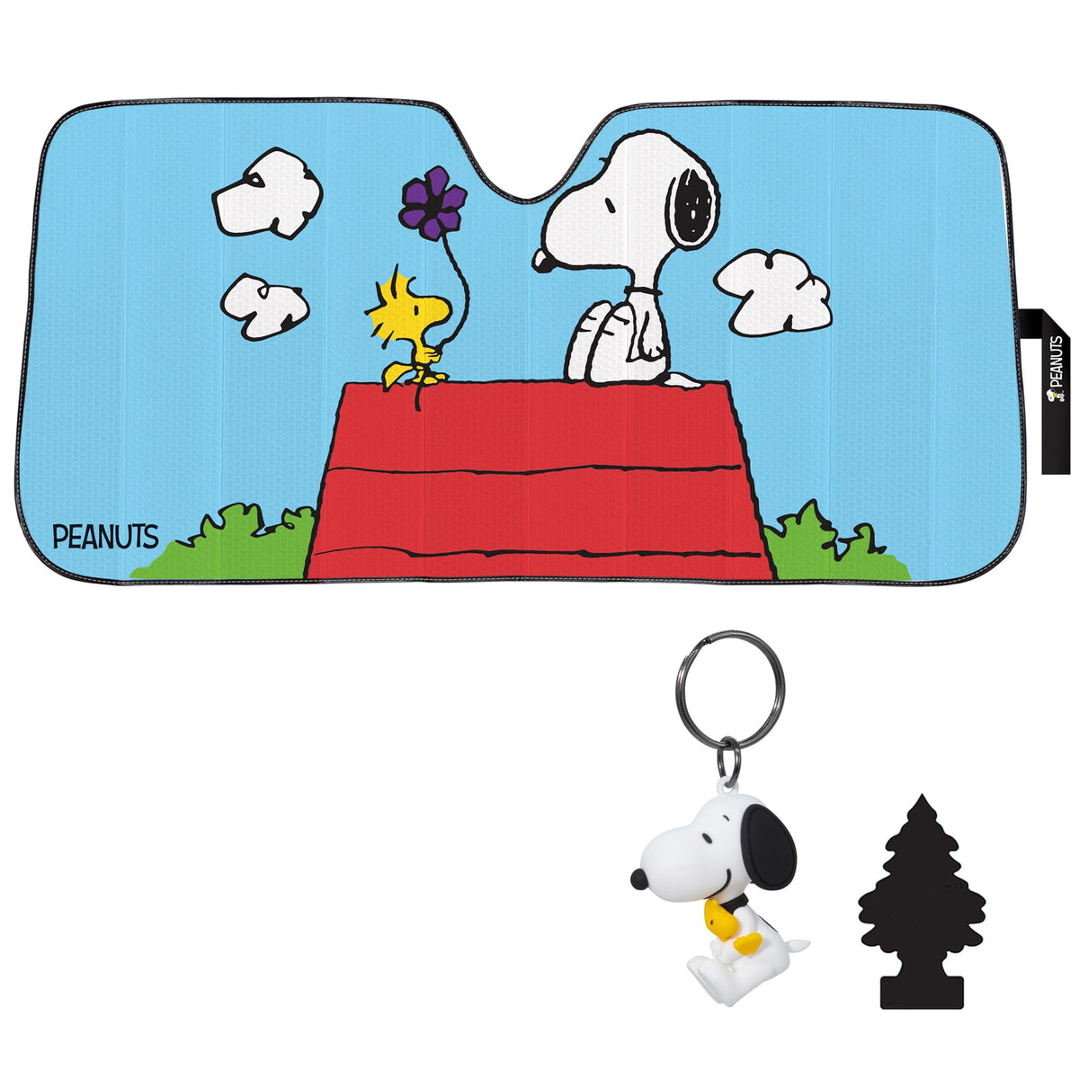 Snoopy Car Windshield Sunshade + Snoopy Keychain + Little Trees Black Ice Air Freshener – Cute 3-Piece Auto Interior Gift Set – Universal Fit Front Window Protector for Cars, Trucks, SUVs - Yupbizauto